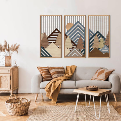 IARTTOP Large Mountain Wood Wall Art 16"x32"x3 Abstract Forest Wall Sculpture Geometric Boho Sunset