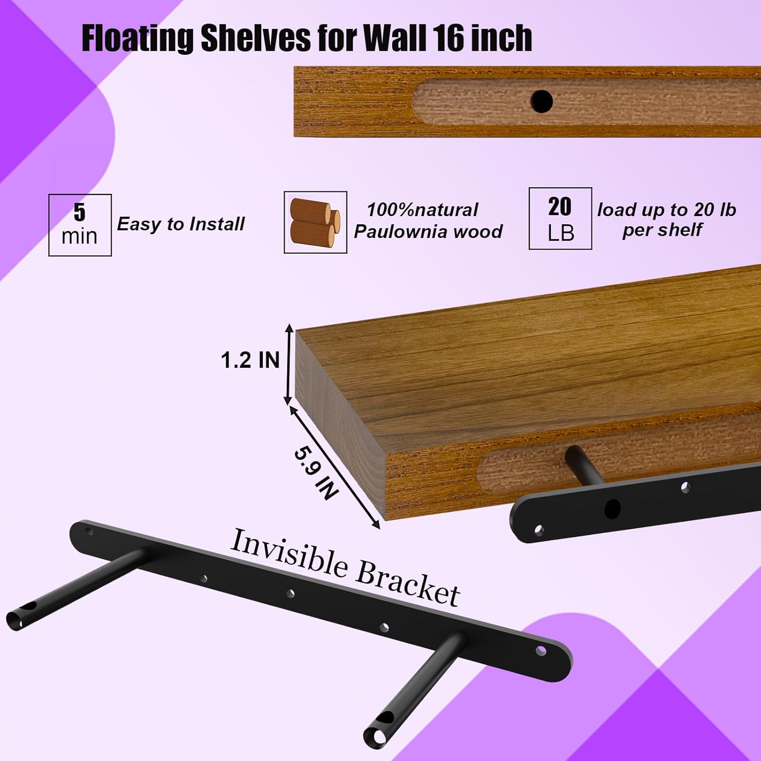 IAE Walnut Floating Wall Shelves 16 inch, Bathroom Shelves Wall Mounted,Invisible Shelf Floating