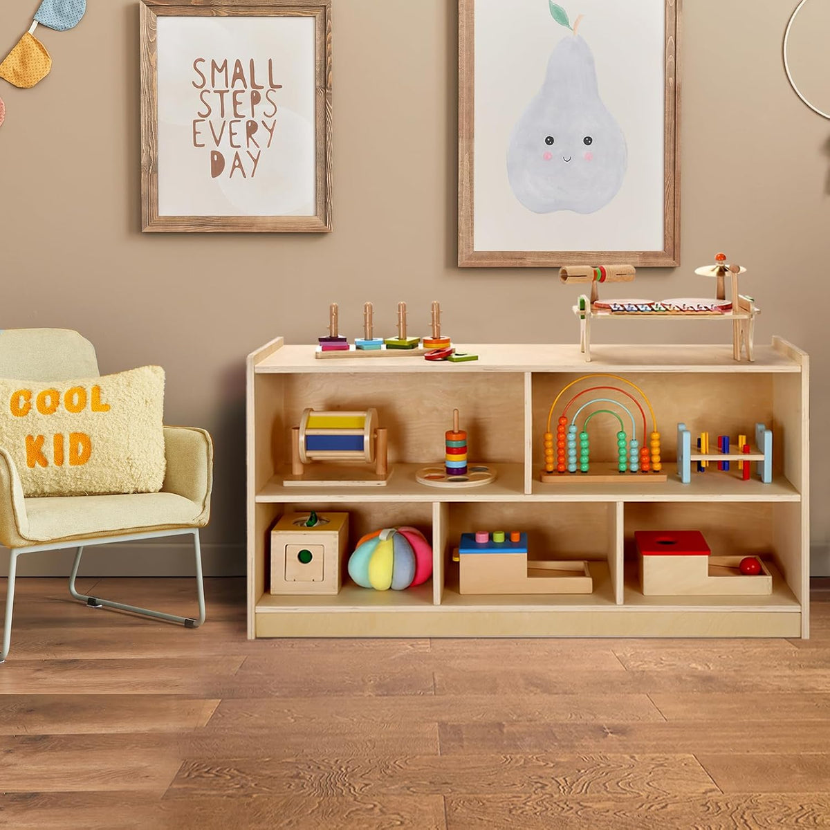 wingyz Wooden Storage Cabinet, 5-Section Montessori Bookshelf, Kids Toy Storage Organizer Book