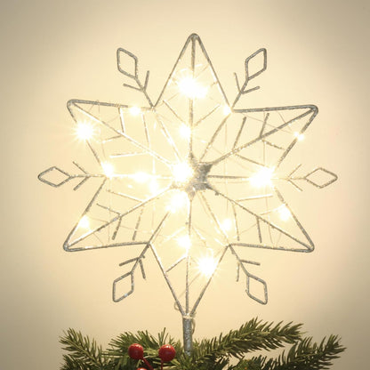 hogardeck Christmas Tree Topper, 10" Lighted Silver Snow Tree Topper, 20 LED Lights Silver Glitter