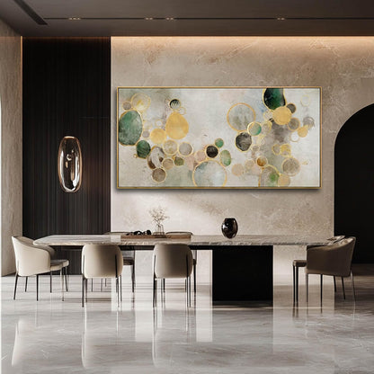 Abstract Canvas Wall Art Gold Circle Painting Green Artwork Framed Wall Prints 29"x 58" Office Wall
