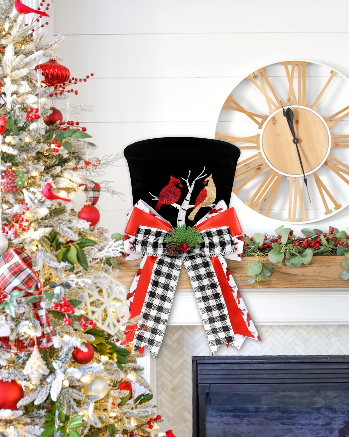 Cardinal Christmas Tree Topper Top Hat with Buffalo Plaid Check Bows Xmas Couple Cardinals on Tree