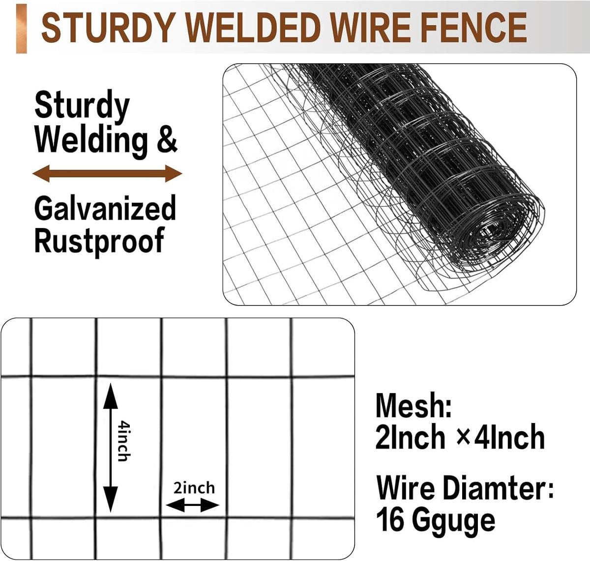 Tongmo 2 ft x 100 ft Black PVC Coated Welded Wire Fence, 16GA Garden Chicken Wire Fence Roll, Mesh
