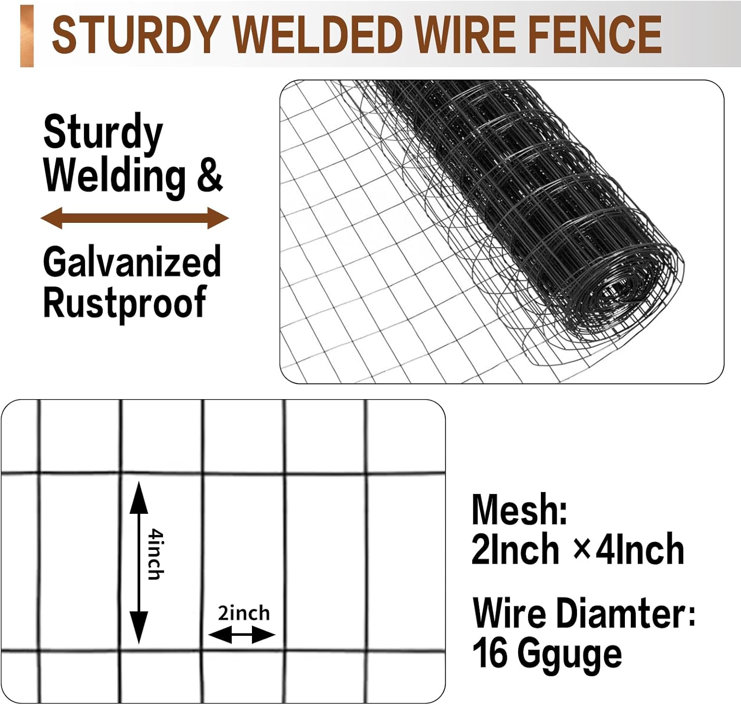 Tongmo 4 ft x 100 ft Black PVC Coated Welded Wire Fence, 16GA Garden Chicken Wire Fence Roll, Mesh