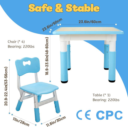 FUNLIO Kids Table and 4 Chairs Set, Height Adjustable Toddler Table and Chair Set for Ages 3-8