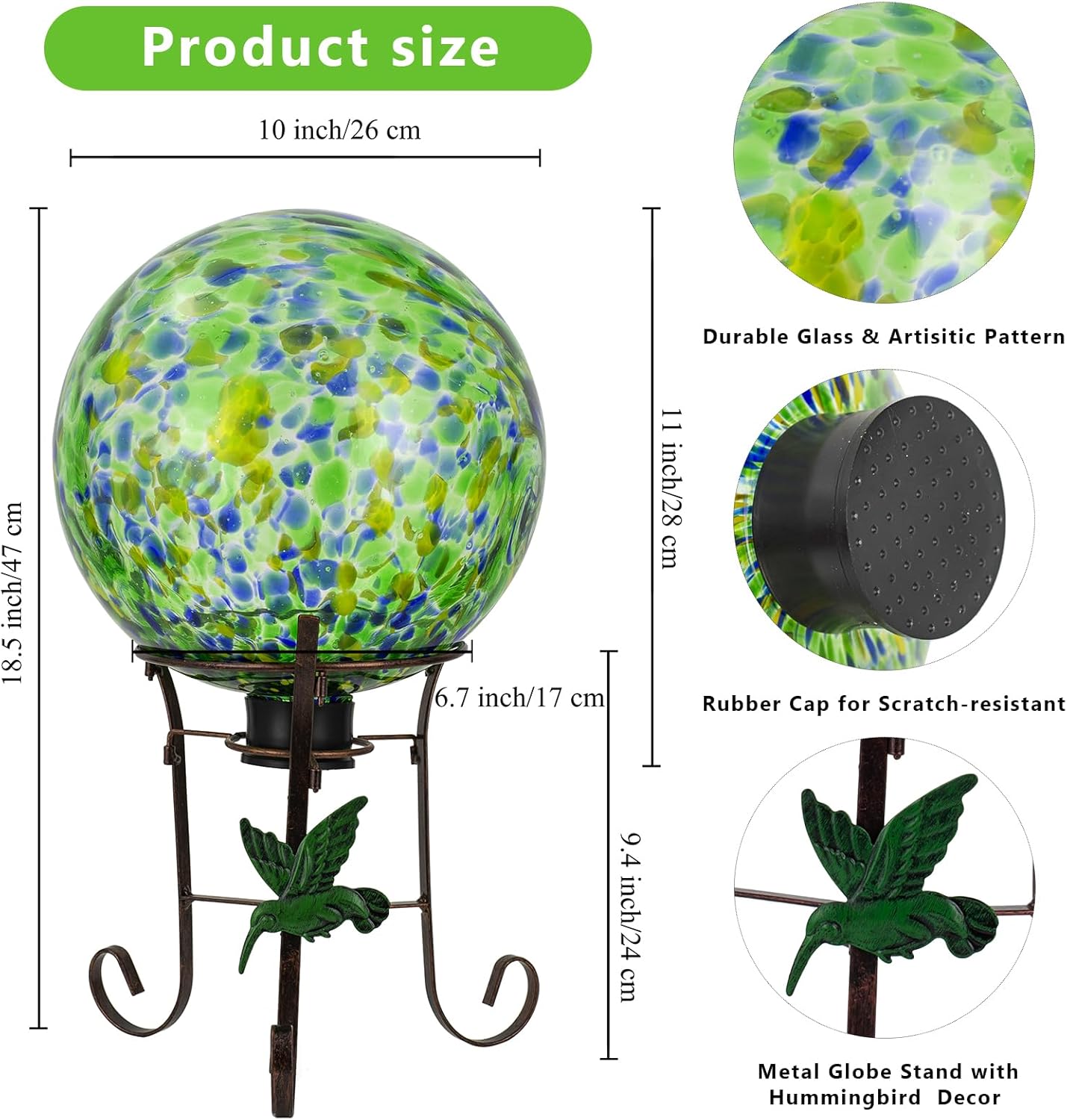 10 Inch Glass Gazing Ball, with 9.4" Tall Metal Gazing Globe Stand, Glass Balls Display Holder Set