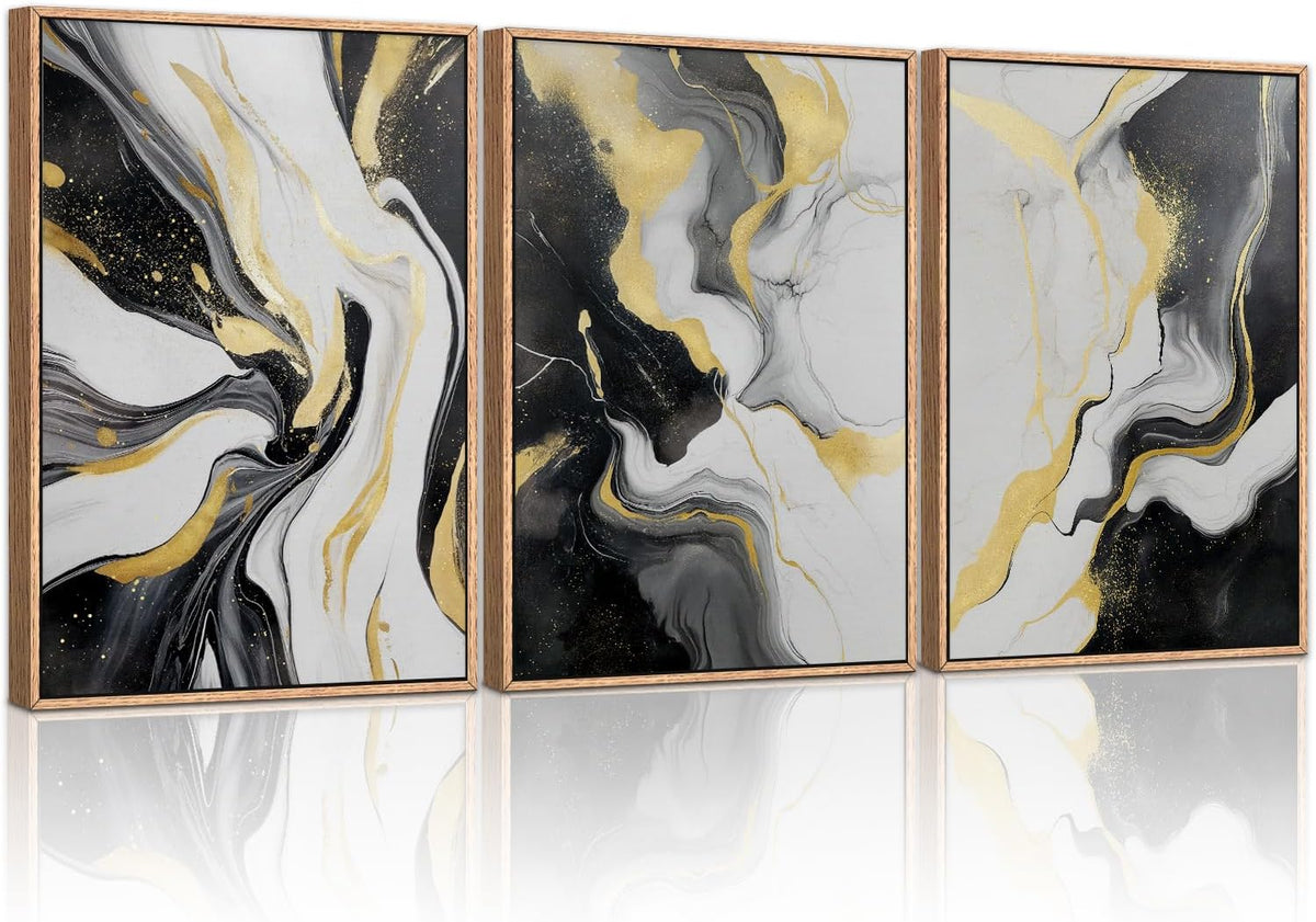 HLNIUC Abstract Gold and Black Framed Canvas Wall Art,Large Neutral Black and White Wall Decor Set
