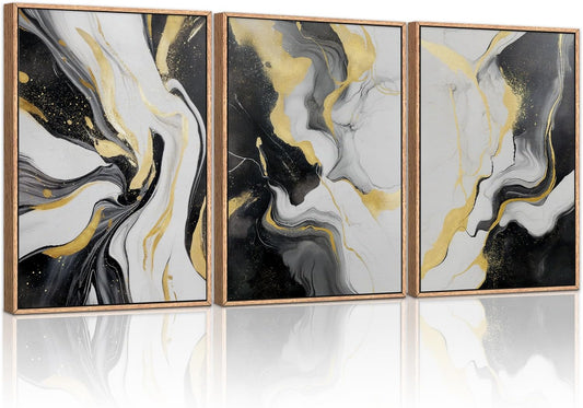 HLNIUC Abstract Gold and Black Framed Canvas Wall Art,Large Neutral Black and White Wall Decor Set