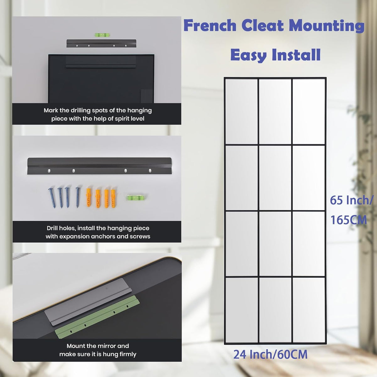 Windowpane Mirror Full Length 65"x24" Art Pane Wall Mirror Farmhouse Decorative Leaning Hanging