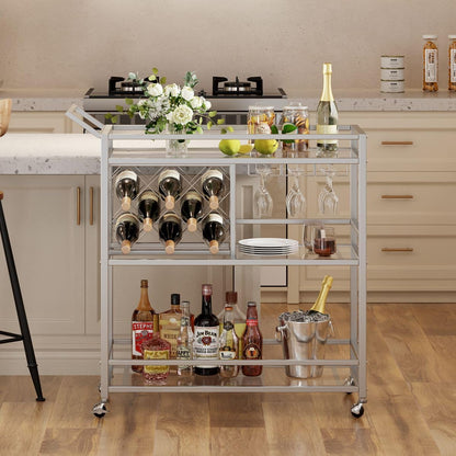 FATORRI Bar Cart Silver, Bar Carts for The Home, Home Bar Serving Carts for Liquor, Rolling Wine