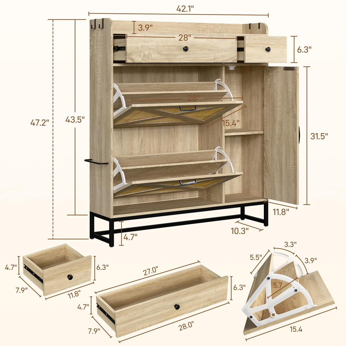 Holiwei Shoe Cabinet Rattan Woven with High Boot Storage, Large Capacity Modern Entryway Organizer