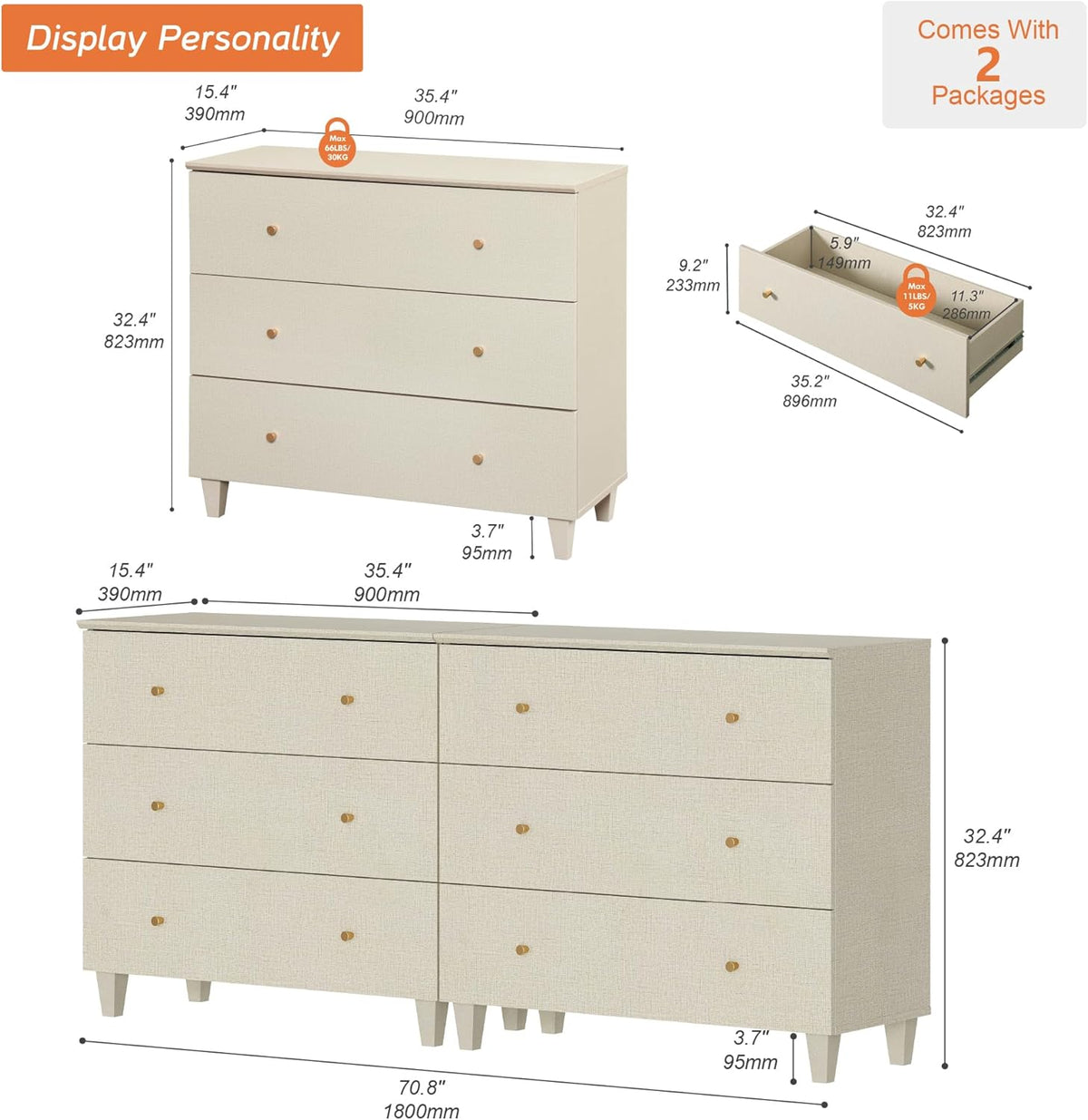 WAMPAT Dresser with 6 Drawers for Bedroom, 70.8" Wide Wooden Chest of Drawers, Modern Closet