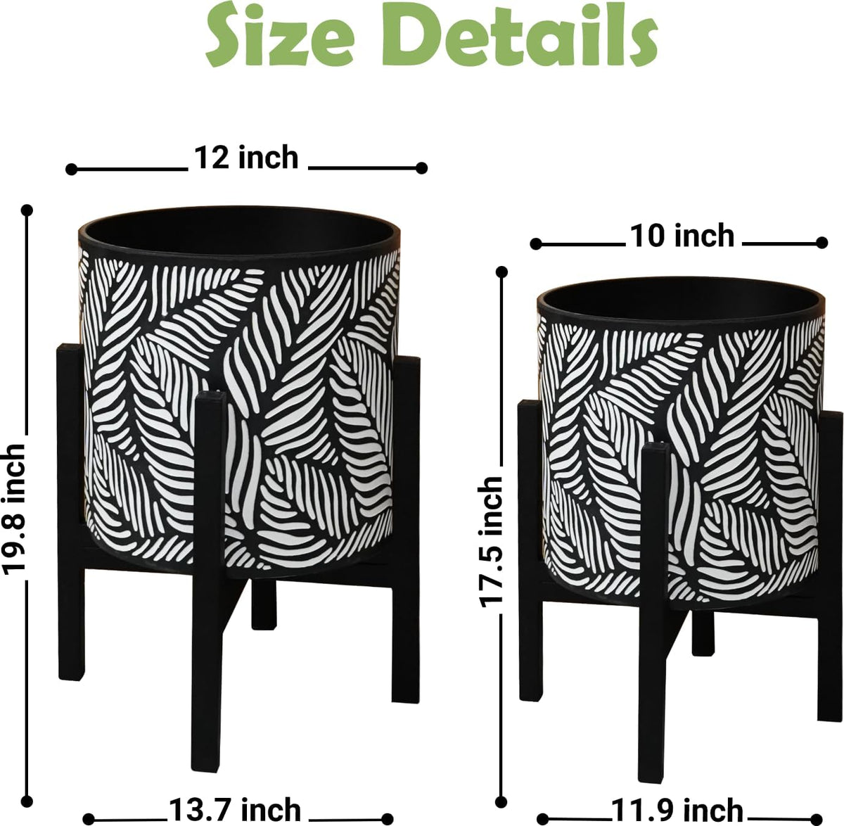 10 & 12 Inches Plant Pot with Stand Set of 2, Decorative Palm Leaves Printing Planter with Holder