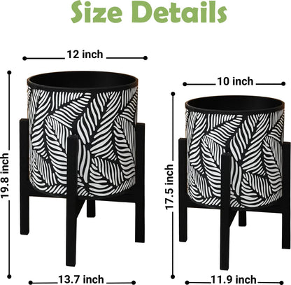 10 & 12 Inches Plant Pot with Stand Set of 2, Decorative Palm Leaves Printing Planter with Holder