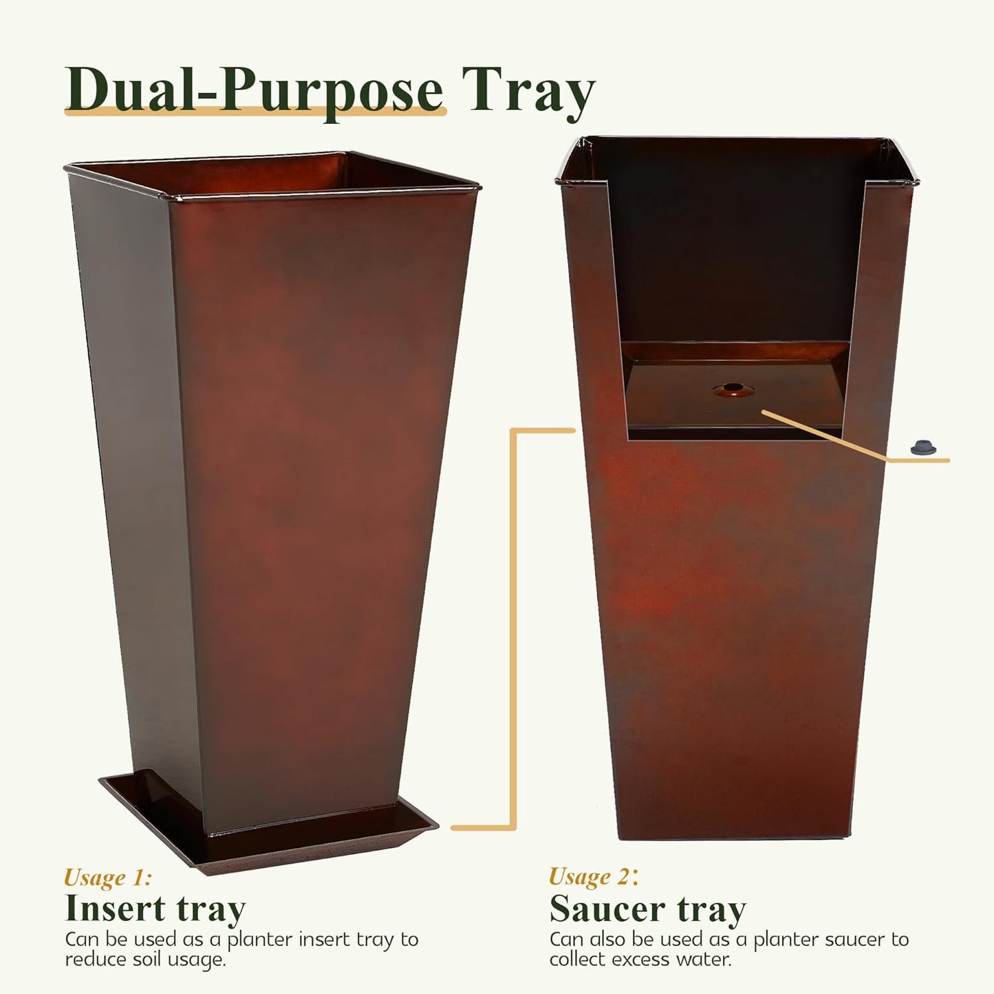 WORTH Garden 25" Large Metal Glazed Planter Set of 2, Luxurious Glossy Finish Red Tall Square