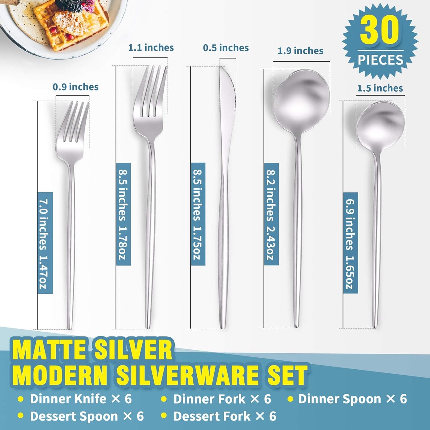 Matte Silverware Set for 6,Modern Stainless Steel Brushed Cutlery Set,30-Pieces Heavy Duty Flatware