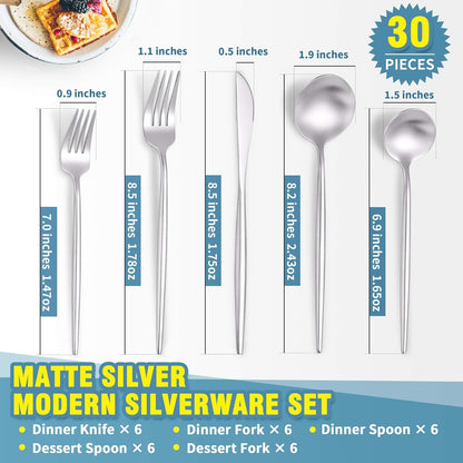 Matte Silverware Set for 6,Modern Stainless Steel Brushed Cutlery Set,30-Pieces Heavy Duty Flatware