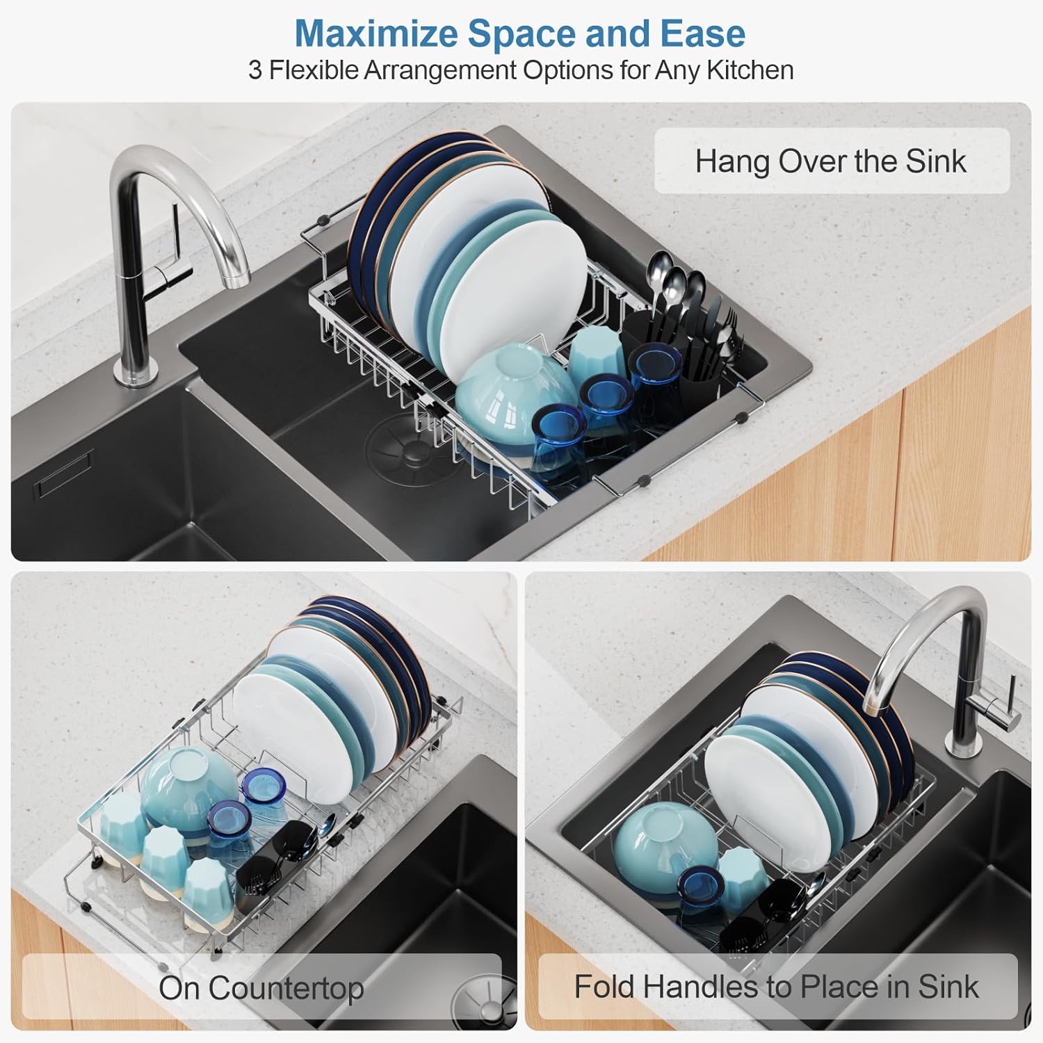 GSlife in Sink Dish Drying Rack - Stainless Steel Capacity Expandable Over The Sink Dish Drainer