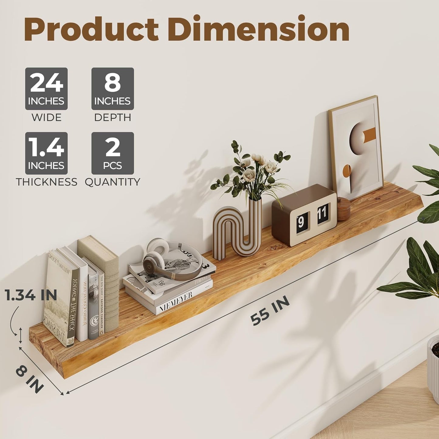 Axeman 55 inch Floating Shelves for Wall - 8'' D Live Edge Rustic Solid Elm Wood Floating Shelves