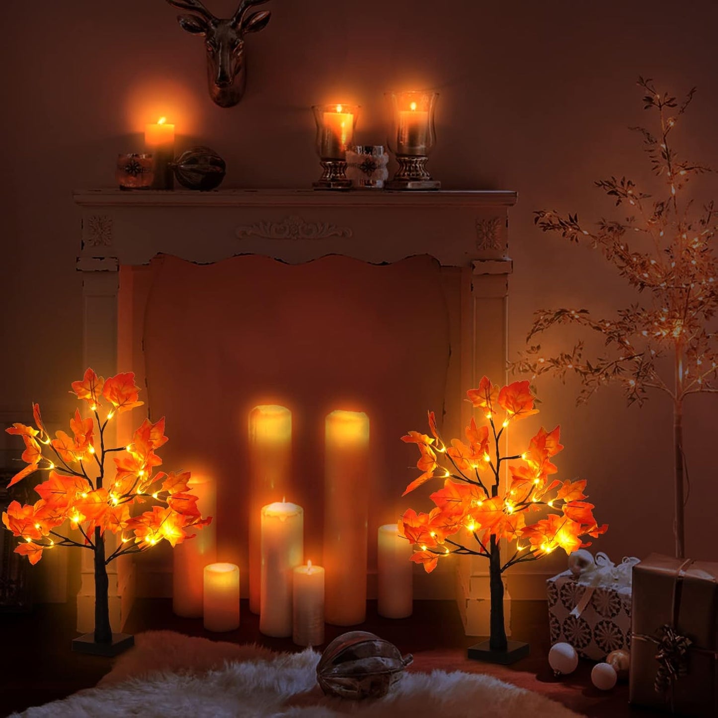 2 Pack Fall Lighted Maple Tree 48 LED Lights Thanksgiving Decoration Artificial Tree Lights 20 inch