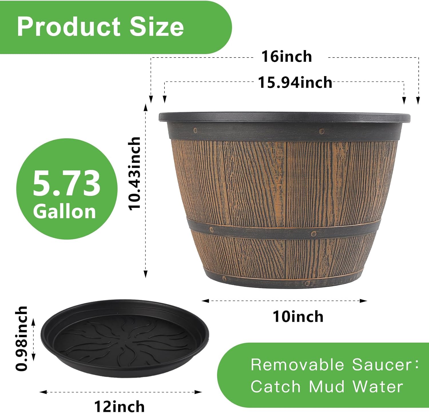 16-inch-Plant-Pots-Indoor-Outdoor, 4 Pack Large Whiskey Barrel Planters with Drainage Holes &