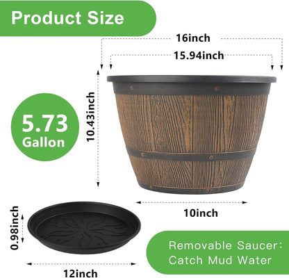 16-inch-Plant-Pots-Indoor-Outdoor, 4 Pack Large Whiskey Barrel Planters with Drainage Holes &