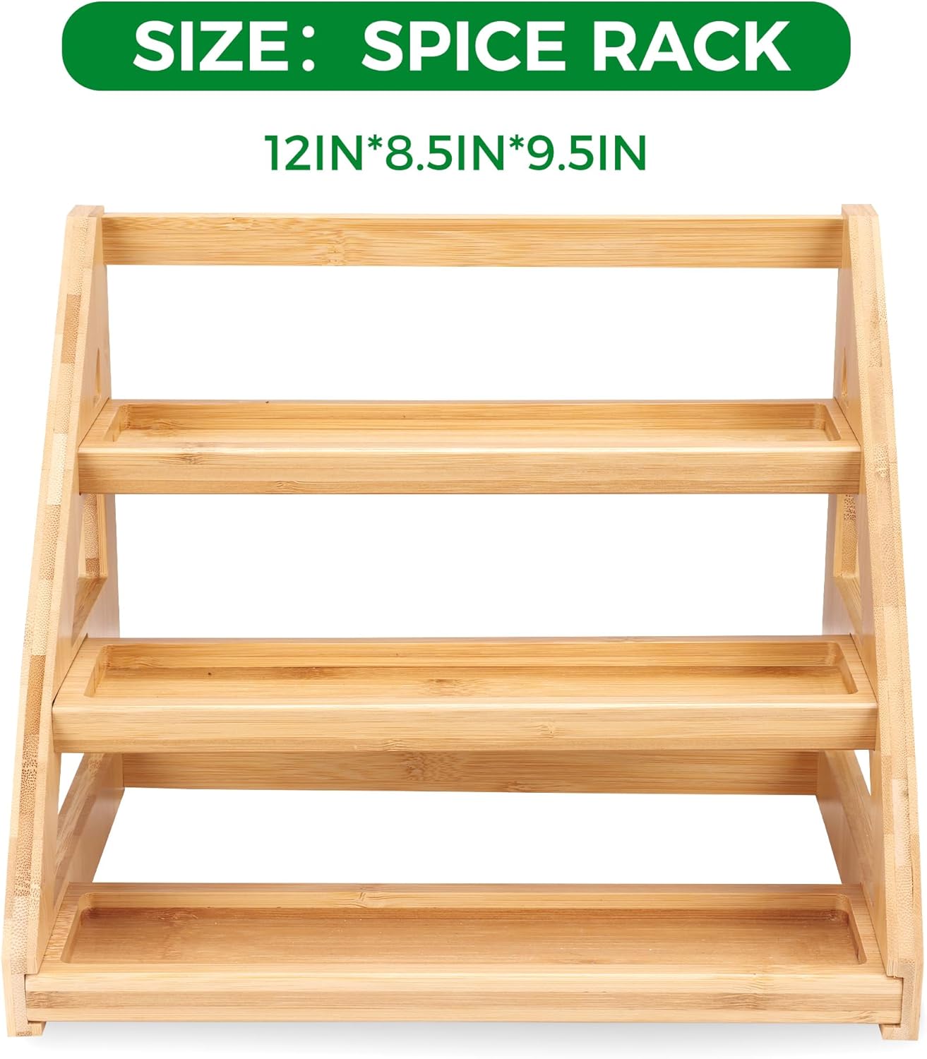 3-Tier Natural Bamboo Spice Rack Organizer - for Kitchen Cabinets, Countertops & Pantries