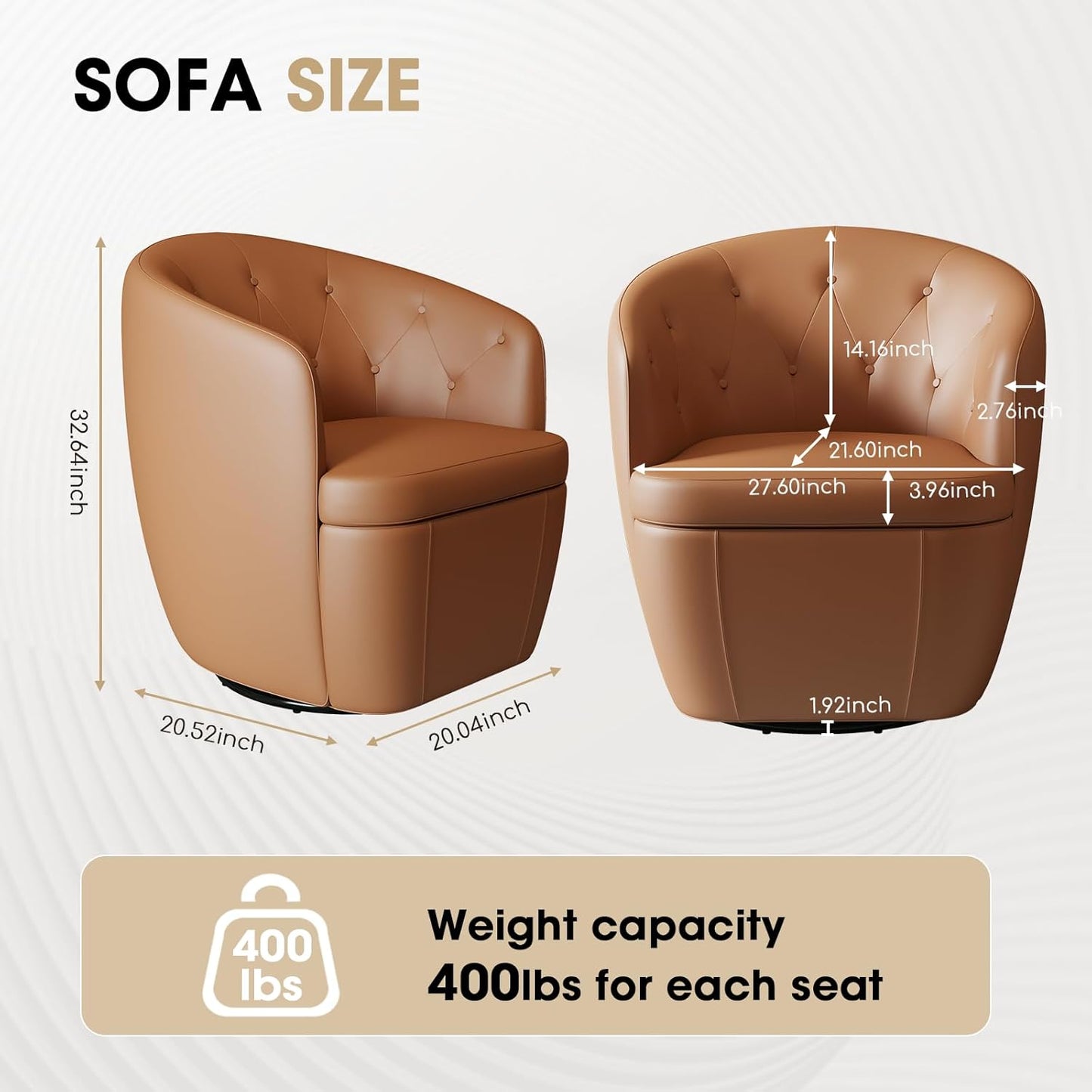 360° Swivel Leather Accent Chair, Modern Barrel Club Chair with Leather Upholstery and Sturdy Base