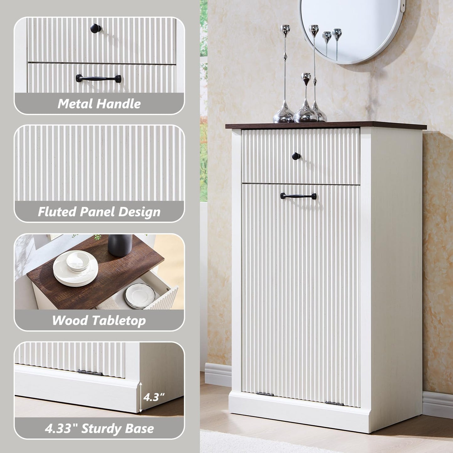 Modern Tilt-Out Trash Can Cabinet, 10 Gallon Fluted Laundry Hamper Cabinet with Drawers, Wooden