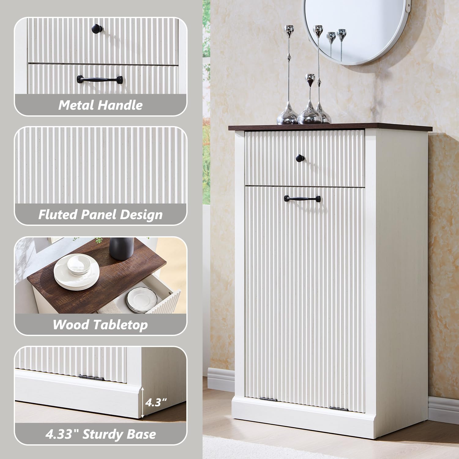 Modern Tilt-Out Trash Can Cabinet, 10 Gallon Fluted Laundry Hamper Cabinet with Drawers, Wooden
