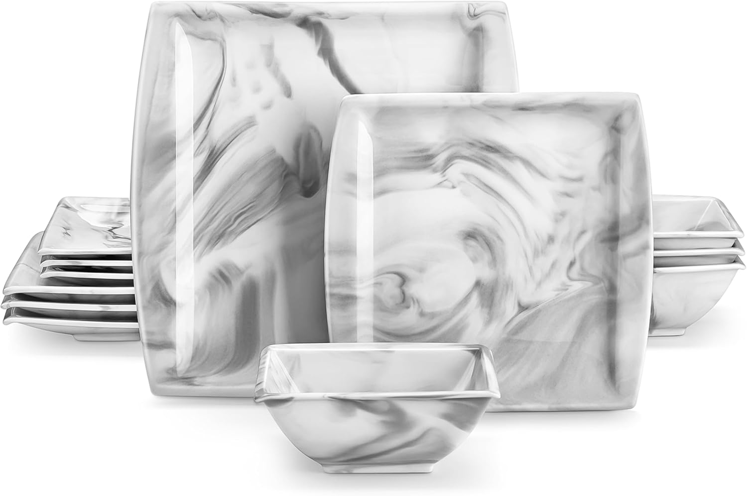 MALACASA Plates and Bowls Sets, 12-Piece Porcelain Dinnerware Sets for 4, Square Plates and Bowls