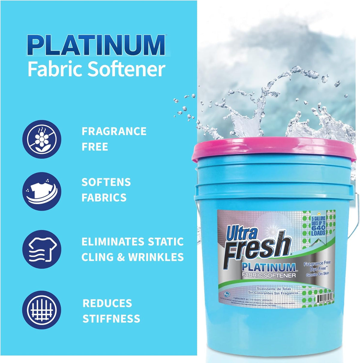 Ultra Fresh 5 Gallon Platinum Fabric Softener for All Machine Types, Liquid Laundry Softener, Up to