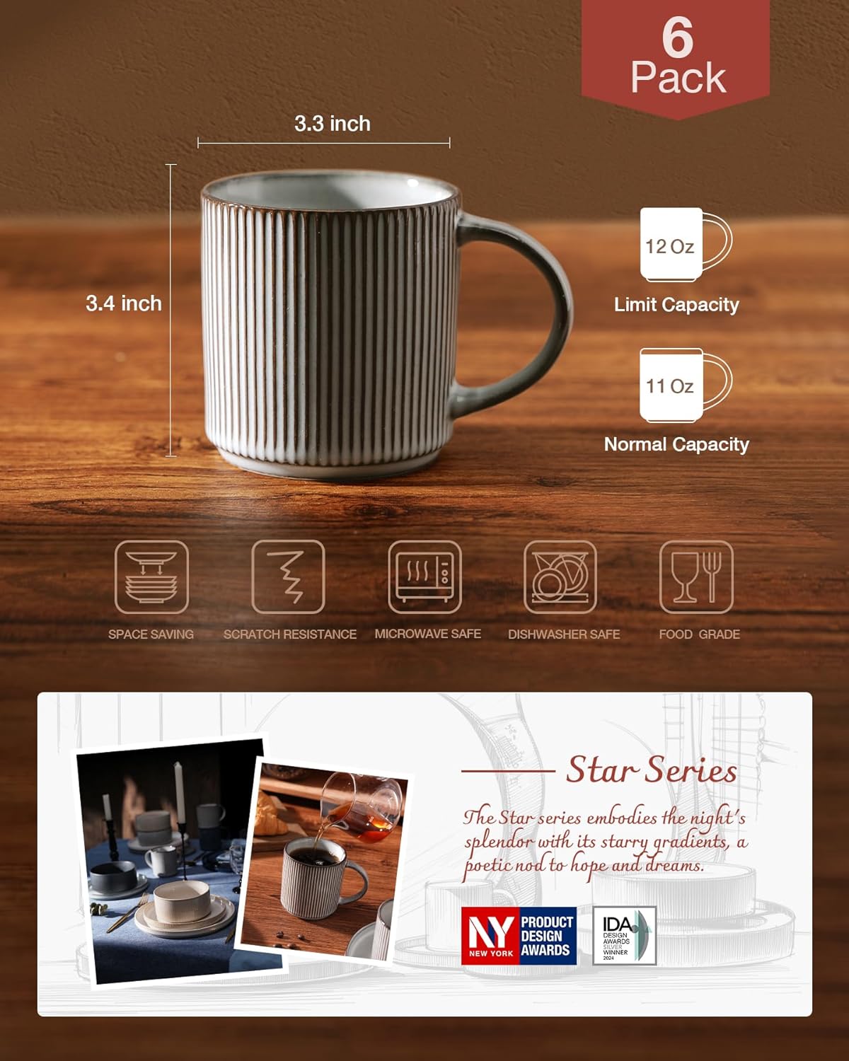 famiware Coffee Mug Set for 6, Star 12 oz Catering Mugs Cup Set with Handle for Coffee, Tea, Cocoa