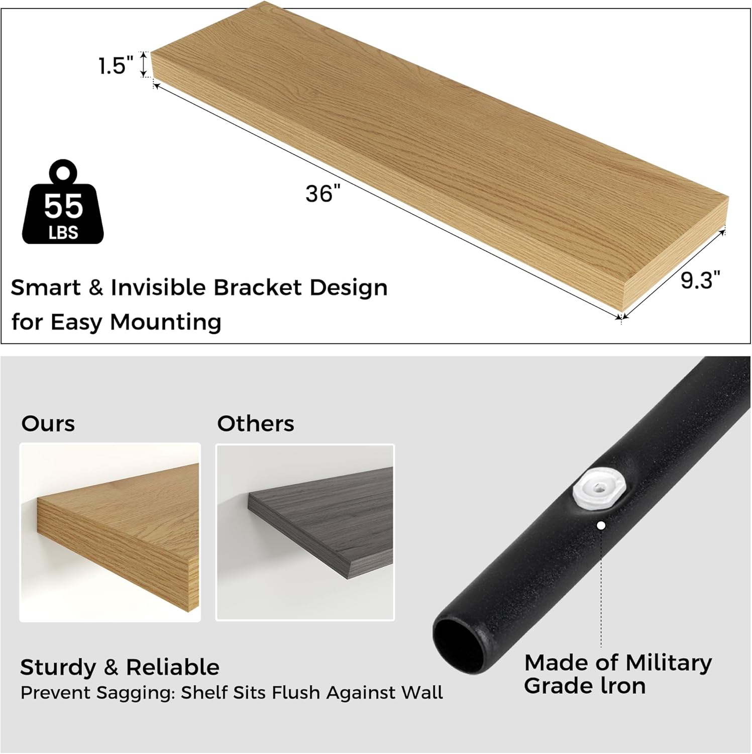 Floating Shelves for Wall, 2 Large Wall Mounted Shelves with Invisible Brackets, Long Wood Floating