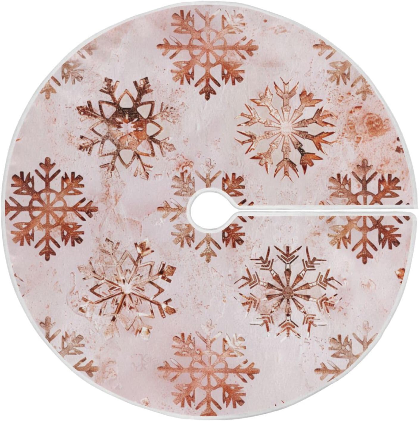 Christmas Tree Skirt, 48 Inch Rose Gold Snowflakes Pattern Xmas Tree Skirt for Christmas New Year