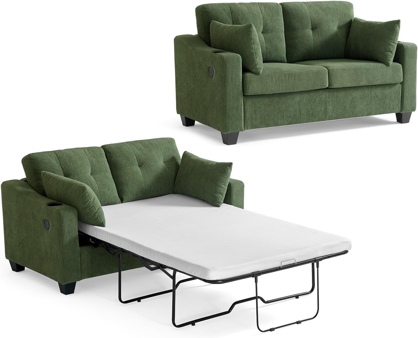 Pull Out Sofa Bed, Full Size Sleeper Sofa, 2-in-1 Convertible Corduroy Couch with USB Charging