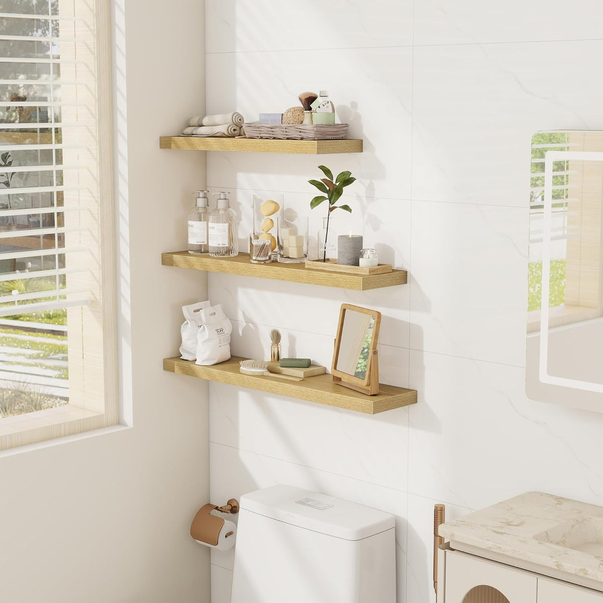 Fun Memories 32 Inch Floating Shelves Wall Shelf Set of 3, Rustic Farmhouse Home Decor Kitchen