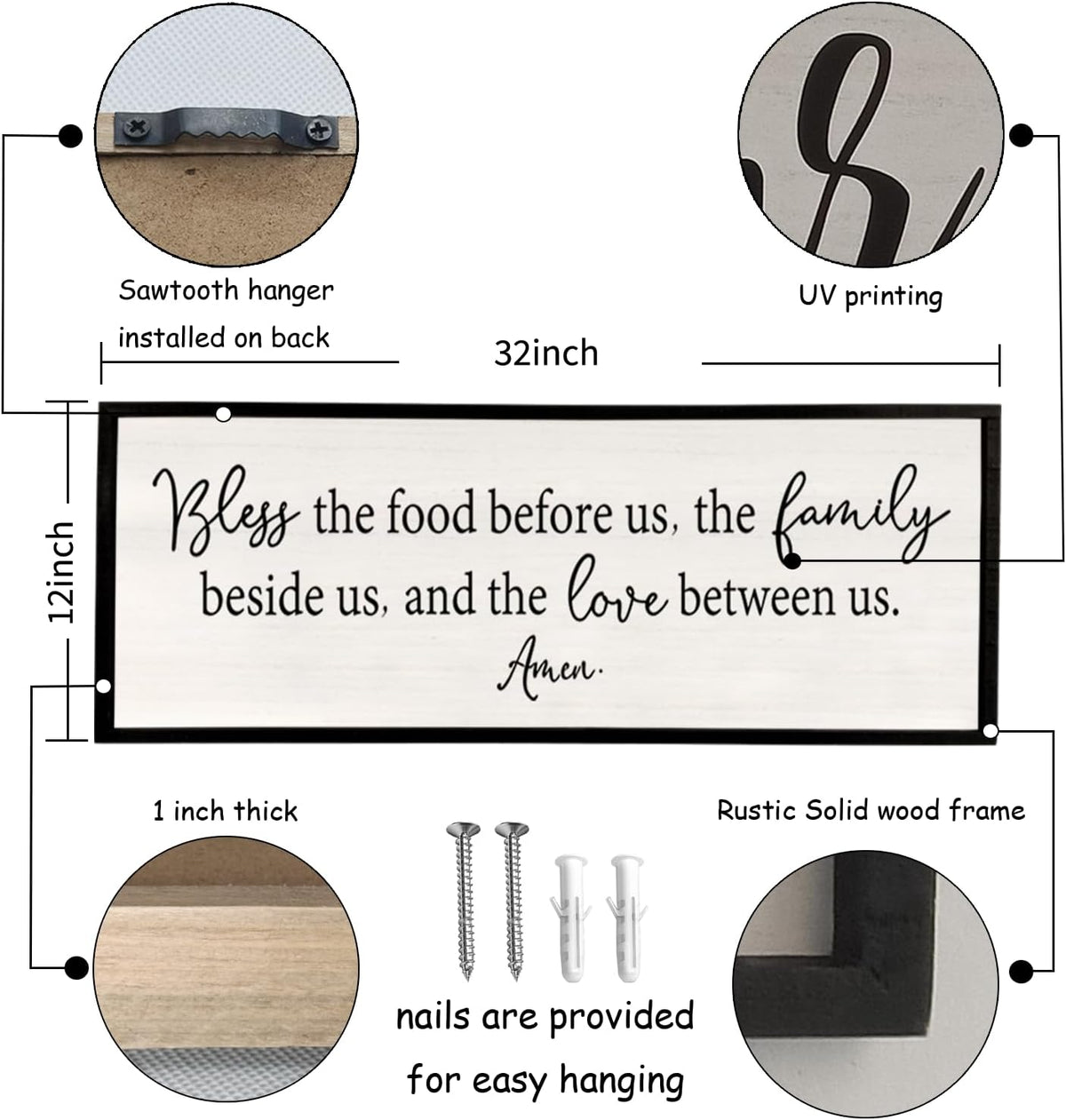 Bless the Food Before Us Sign Wall Decor 32''×12'' Large Farmhouse Dining Room Wall Decor Framed