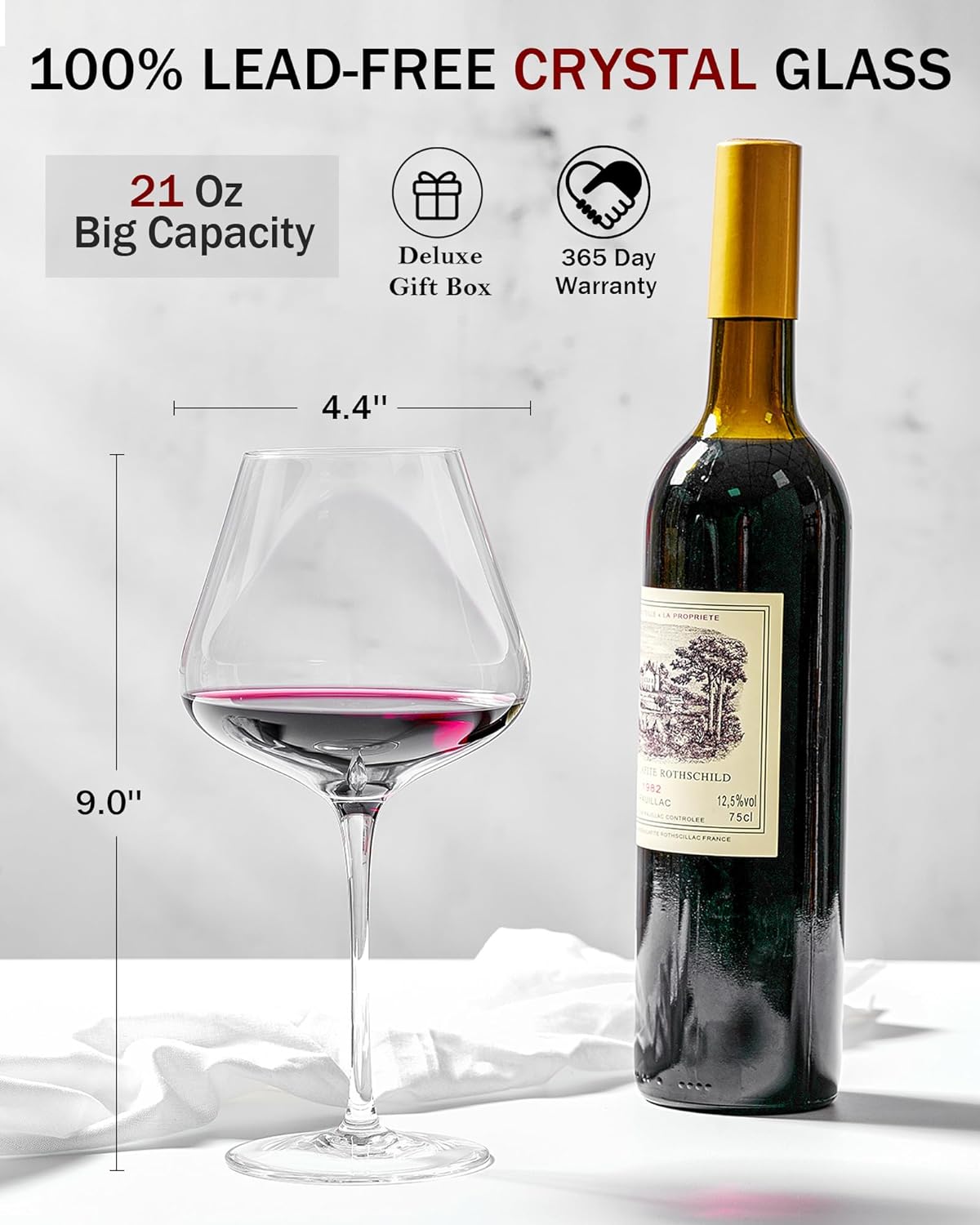 JBHO Hand Blown Italian Style Crystal Burgundy Wine Glasses - Lead-Free Premium Crystal Clear Glass