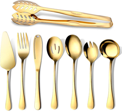 Gold Serving Utensils, OGORI 8-Piece Polished Stainless Steel Flatware Silverware Set Include