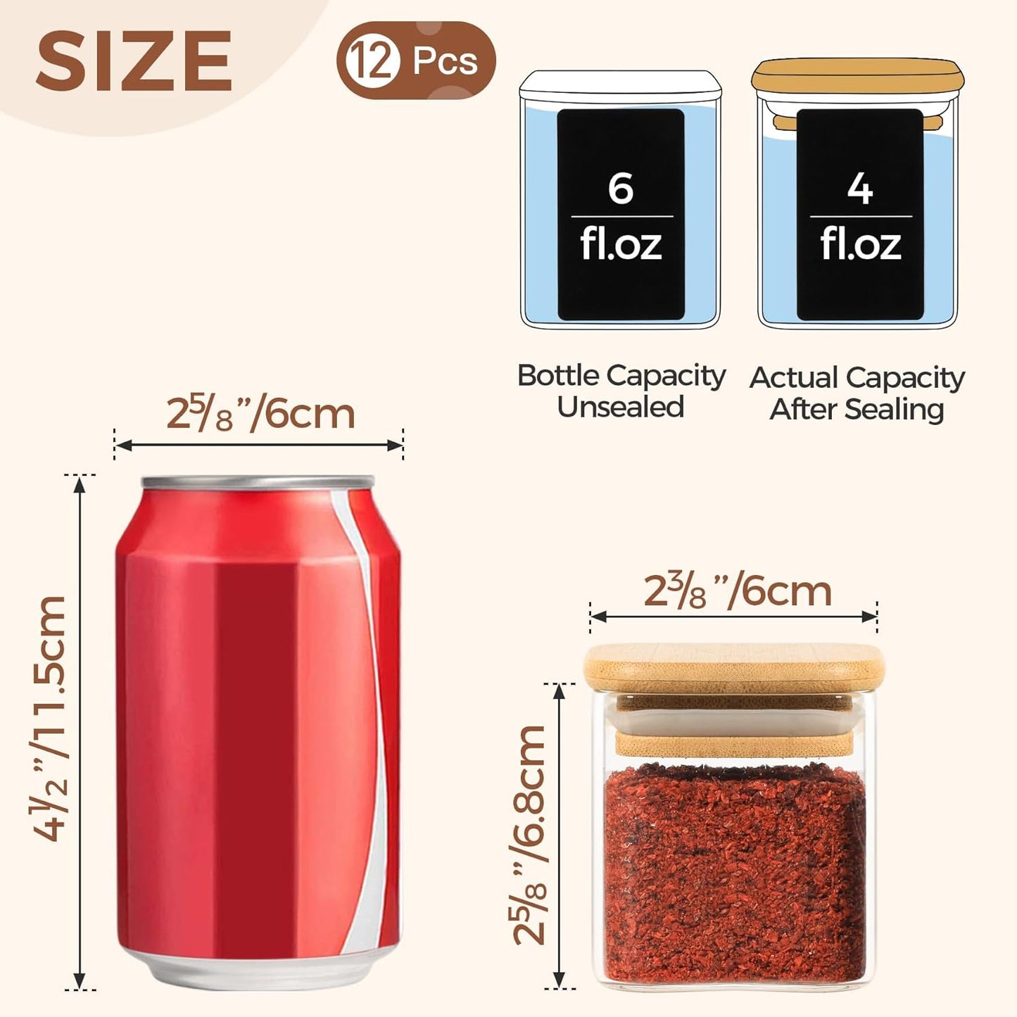 ComSaf 12Pcs Glass Spice Jars with Bamboo Lid, 4oz Airtight Square Spice Containers with 275 Black
