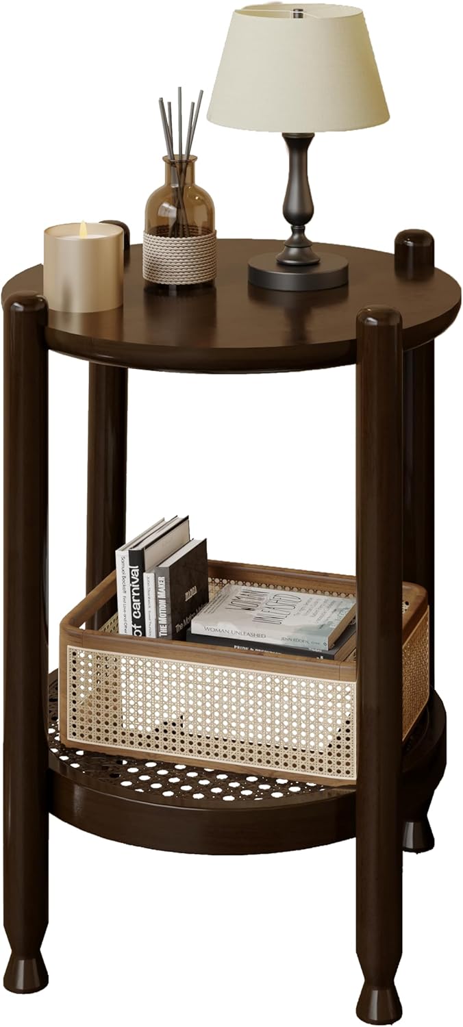 NSdirect Round End Table for Living Room, 2-Tier Rustic Wood Center Table for Home Decor with Boho