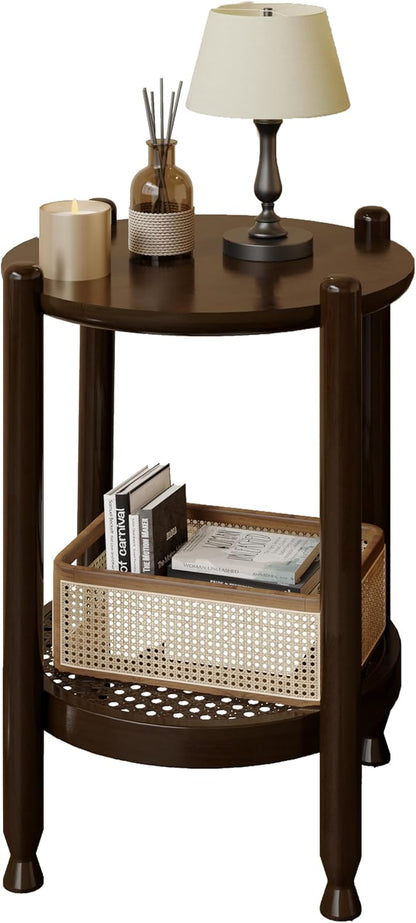 NSdirect Round End Table for Living Room, 2-Tier Rustic Wood Center Table for Home Decor with Boho