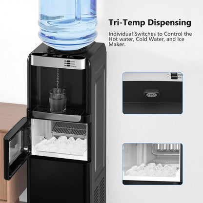 Water Dispenser with Ice Maker Function, Top Loading Hot and Cold Water Cooler for 5 Gallon Bottle