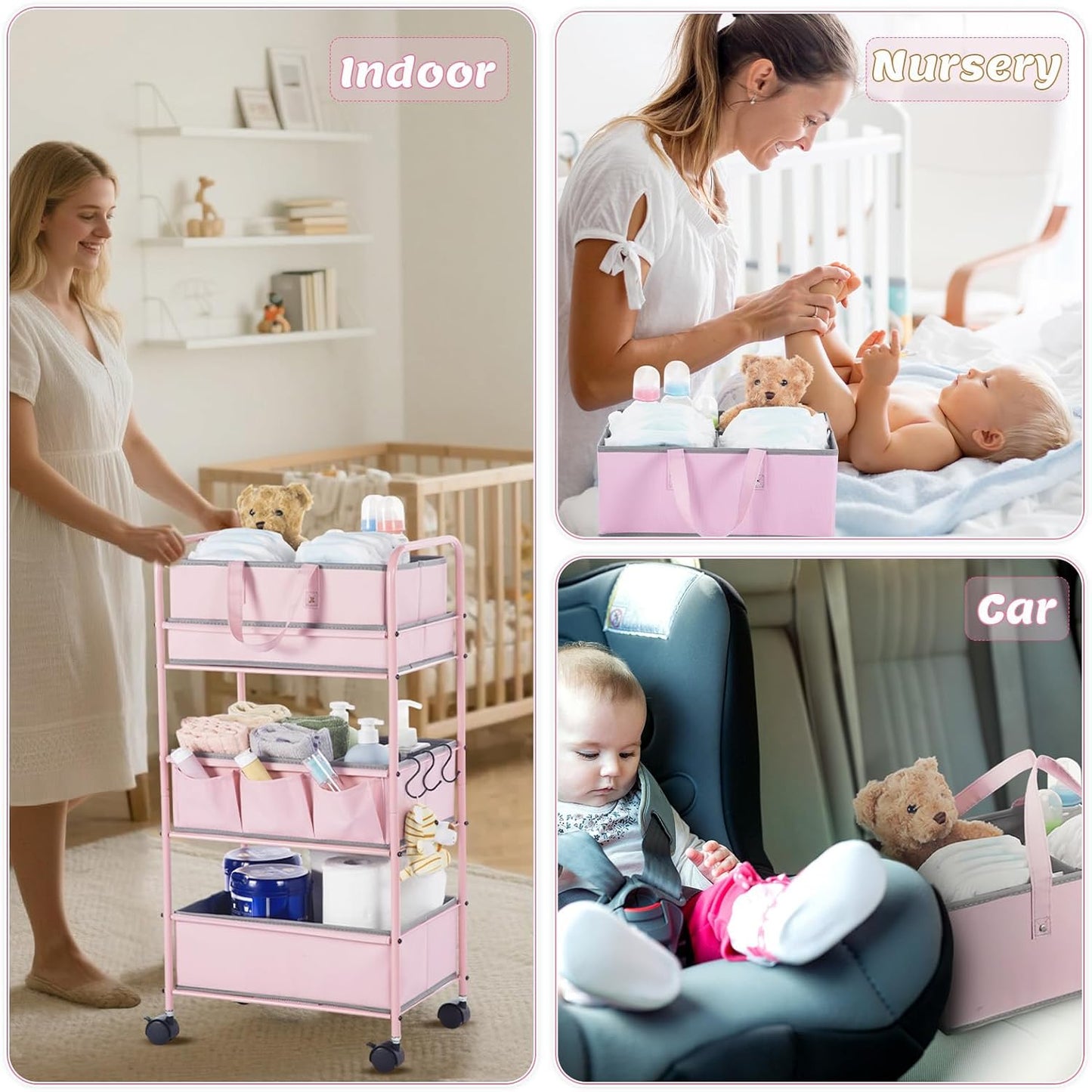 Honeydak 2in1 Baby Diaper Caddy Organizer Cart 3 Tier Large Capacity Metal Utility Bedside Rolling