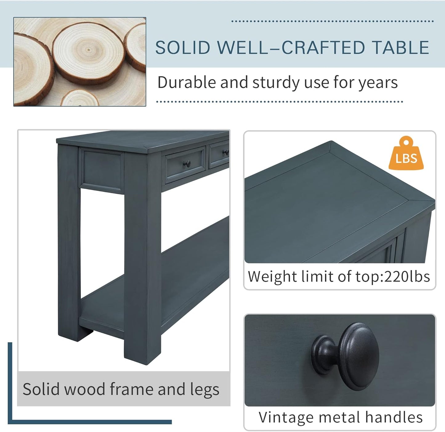 Solid Wood Console Table, Long Sofa Table Entryway Table with 4 Drawers and Bottom Shelf for