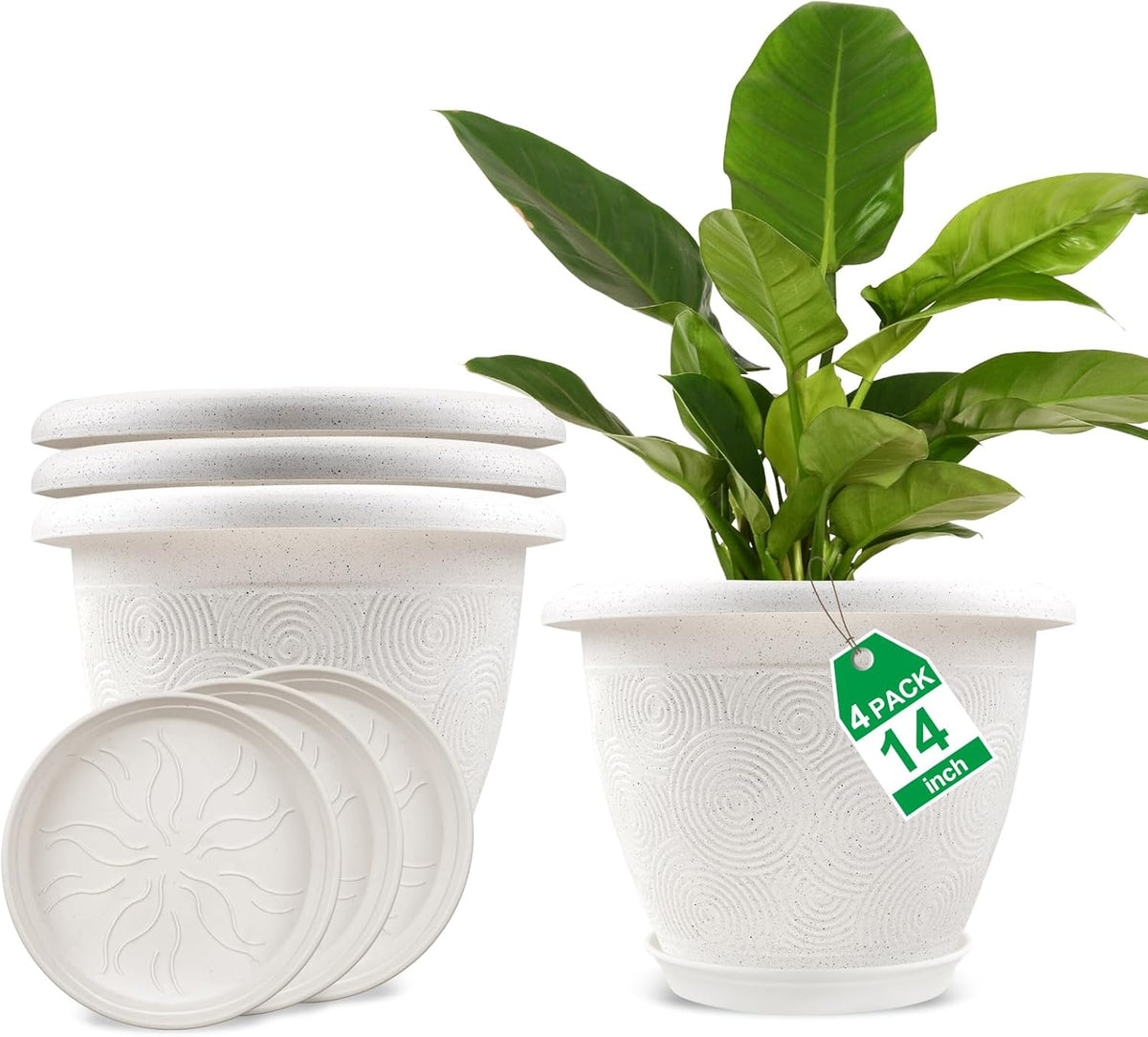 Plastic Flower Pots Planters for Indoor Plants, 4 Pack 14 Inch White Plant Pots with Drainage Hole