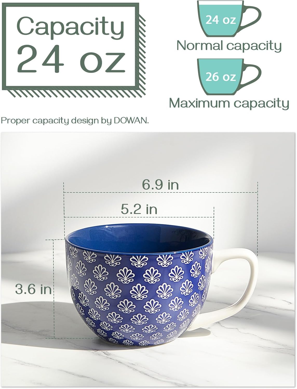 DOWAN Coffee Mugs Set of 4, 24 oz Large Coffee Mugs, Jumbo Soup Mugs With Handles, Ceramic Coffee