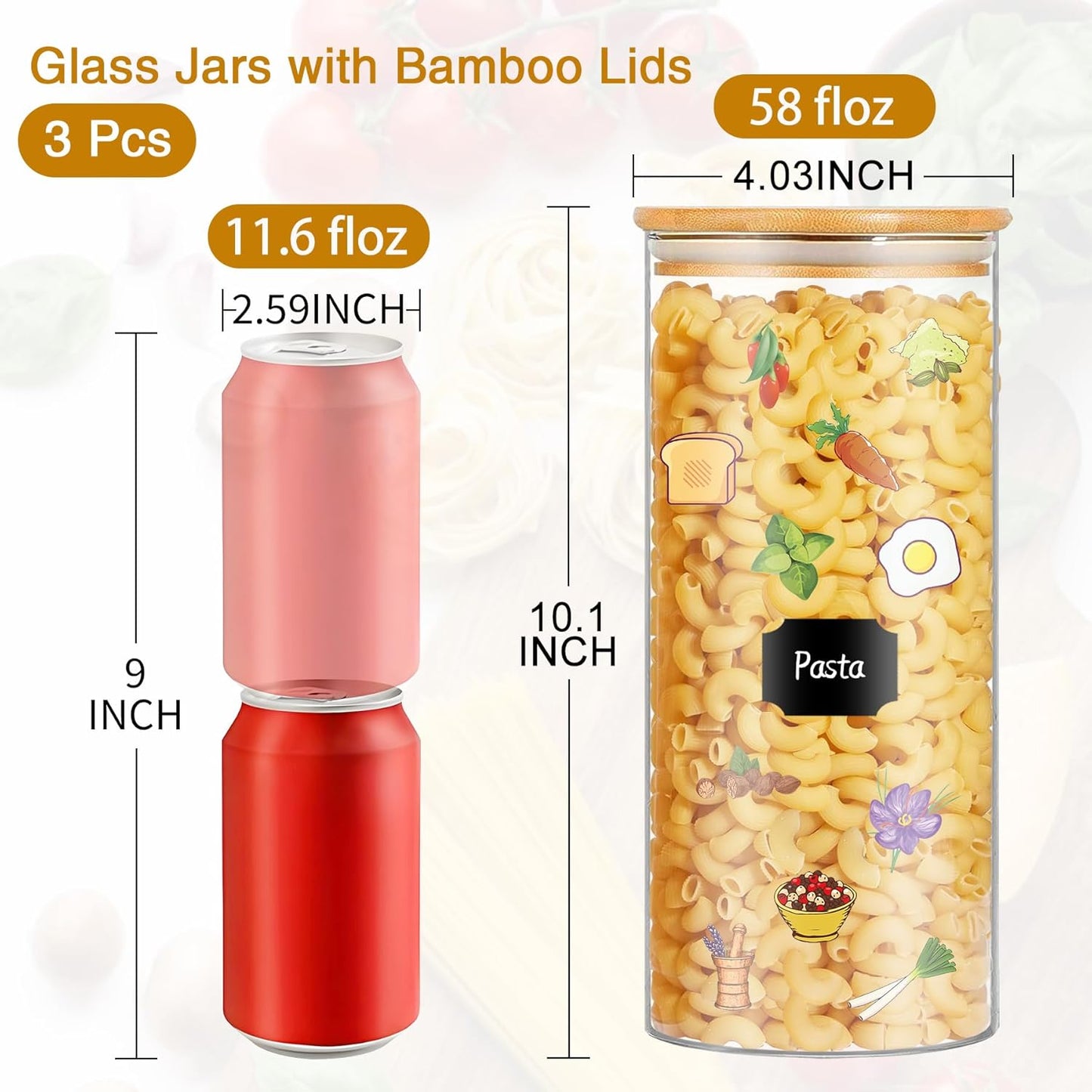 Glass Jars with Bamboo Lids, 58 oz 3 Pcs Kitchen Glass Containers with Bamboo Lids, Airtight Glass