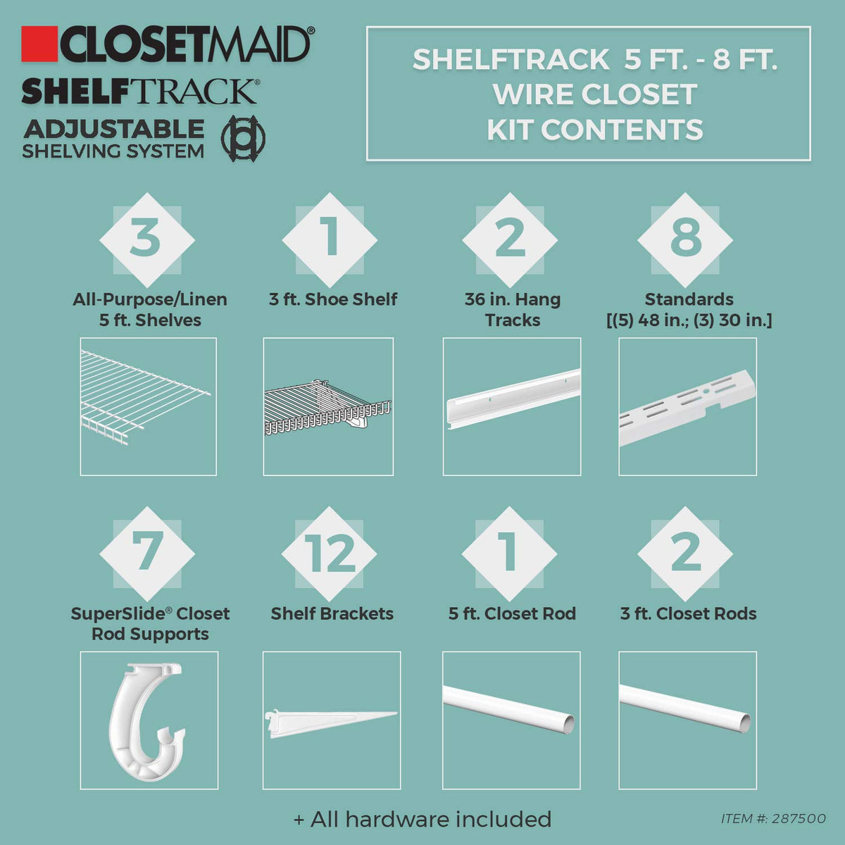 ClosetMaid ShelfTrack Wire Closet Organizer System, Adjustable from 5 to 8 Ft., with Shelves